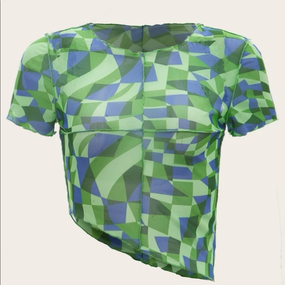 Geo Print Asymmetrical Hem Crop Mesh Top